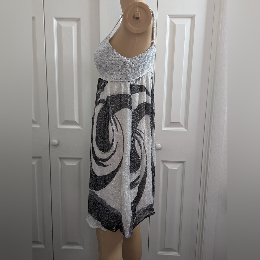 Bebe Womens Metallic Silk Sleeveless Dress Size L Crochet Top V Neck Silk Skirt - Picture 2 of 8